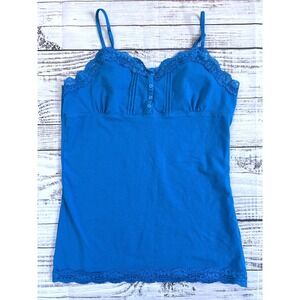 Arizona Jean Co. Y2K Cami Top Women Blue Lace Trim Boho Button Front Pleated L